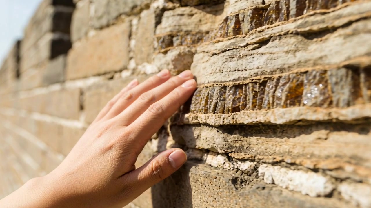 Mano destra adulta che si avvicina, iniziando il contatto, scorrendo lungo un muro di pietra esterno, percependo le texture.