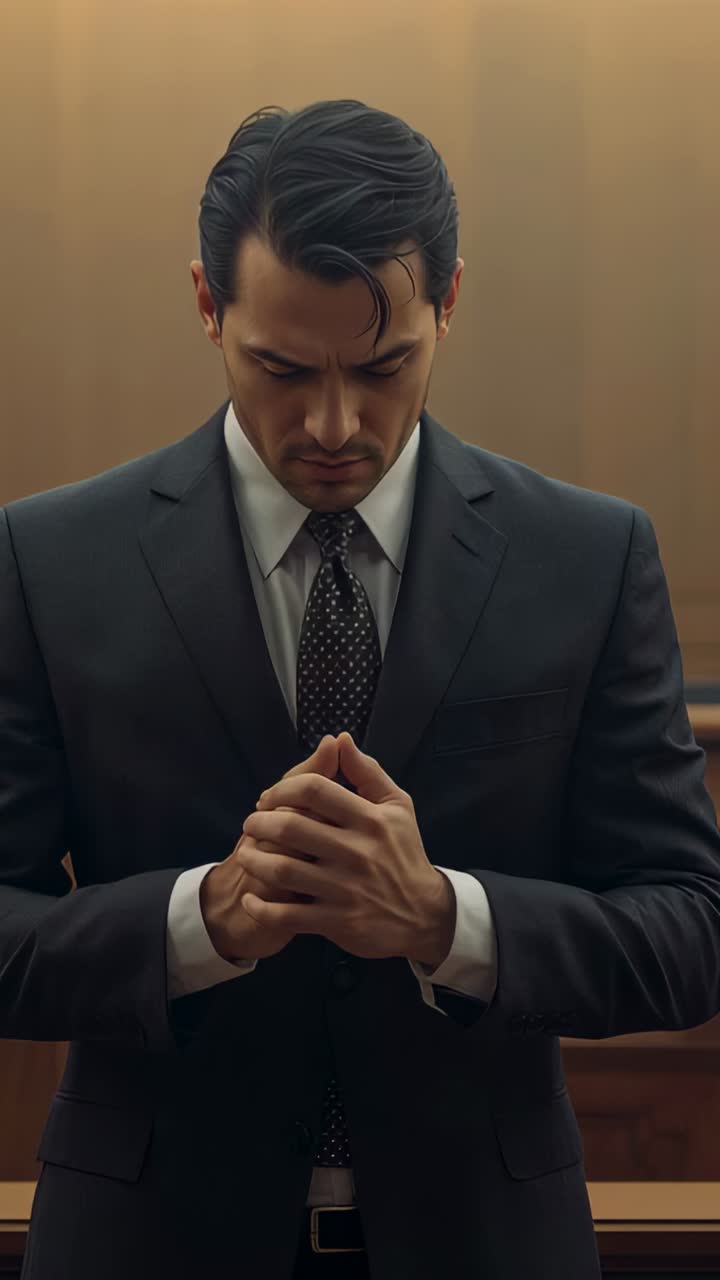 Vertical video: Raising gaze after clasping hands, man in suit straightening in court for composure