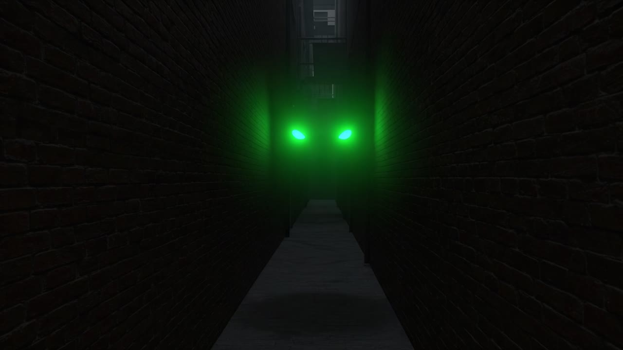 A Mysterious Alleyway with Eerie Green Eyes Staring From the Shadows, Creating an Atmosphere of Suspense and Intrigue in a Dimly Lit Urban Environment