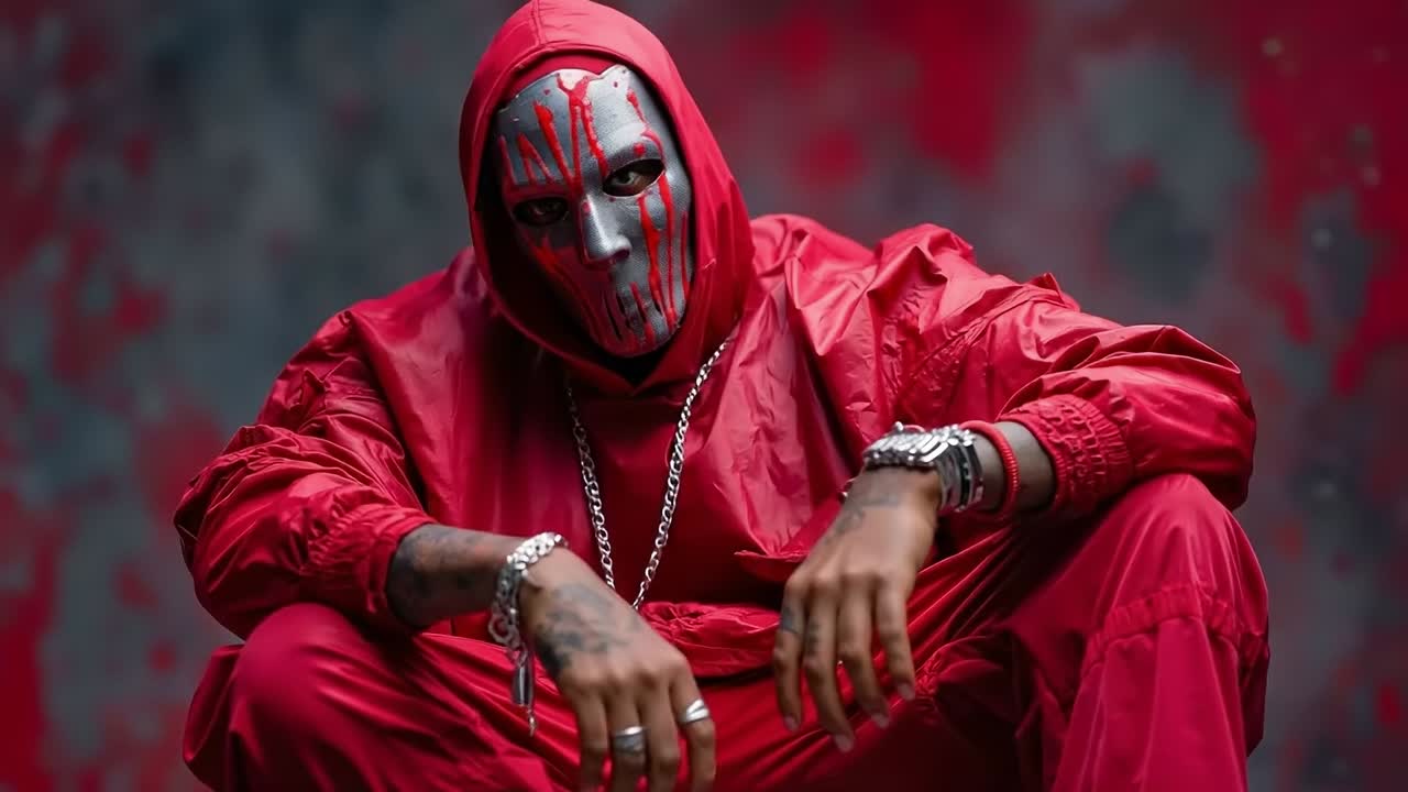 A man in a red hoodie with a mask on his face