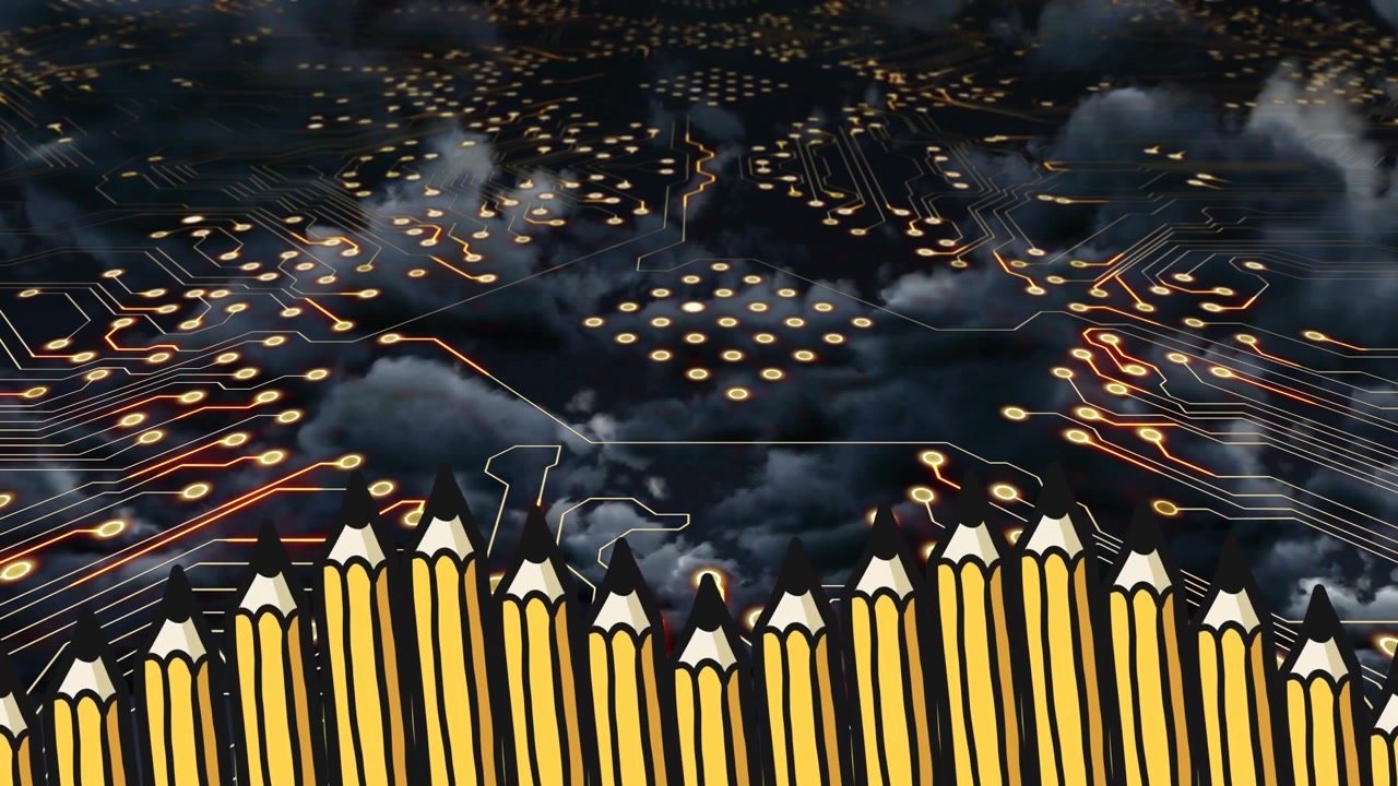 Animation of integrated circuit and pencils over clouds