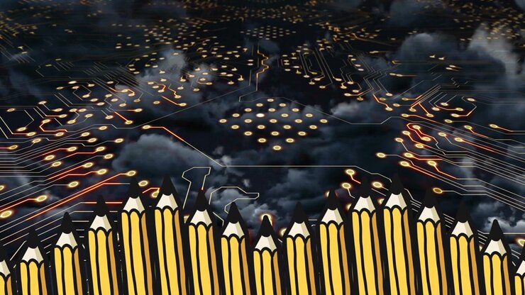 Animation of integrated circuit and pencils over clouds