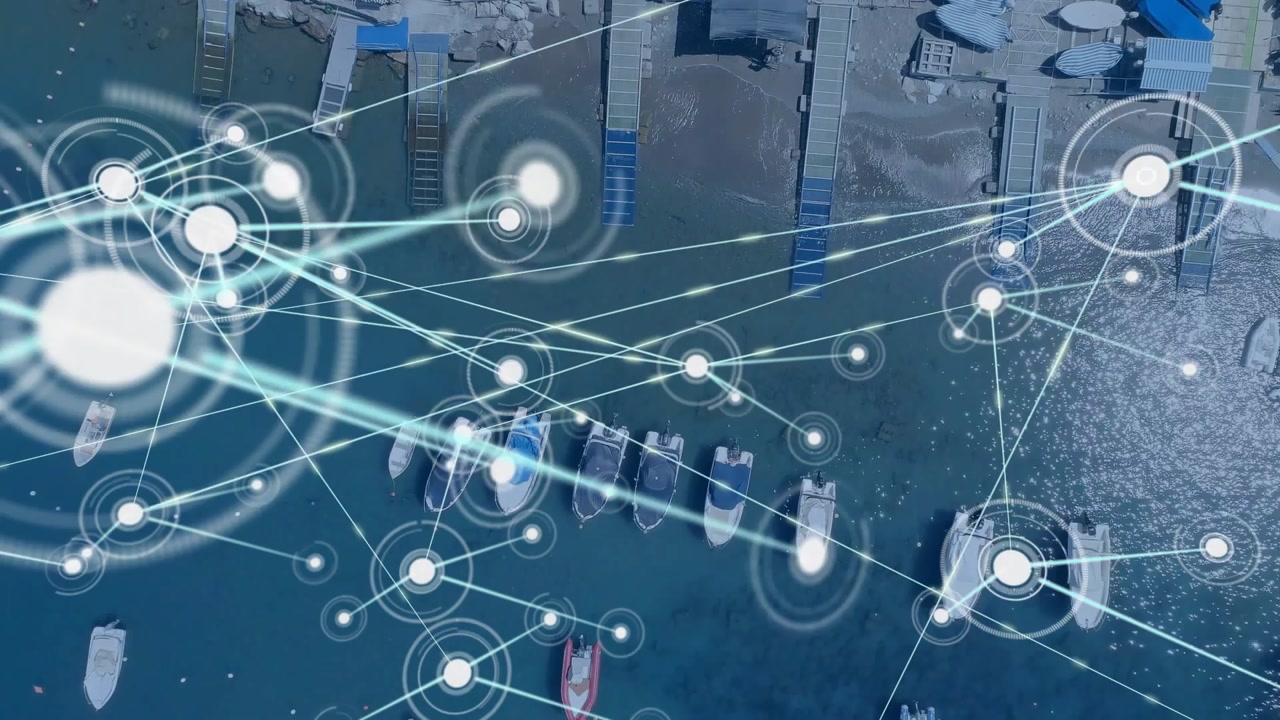 Marina area receiving data feed, expanding maritime network mapping boats with glowing nodes, lines