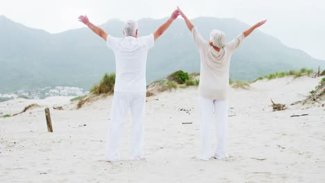 Senior-couple-performing-yoga-on-beach