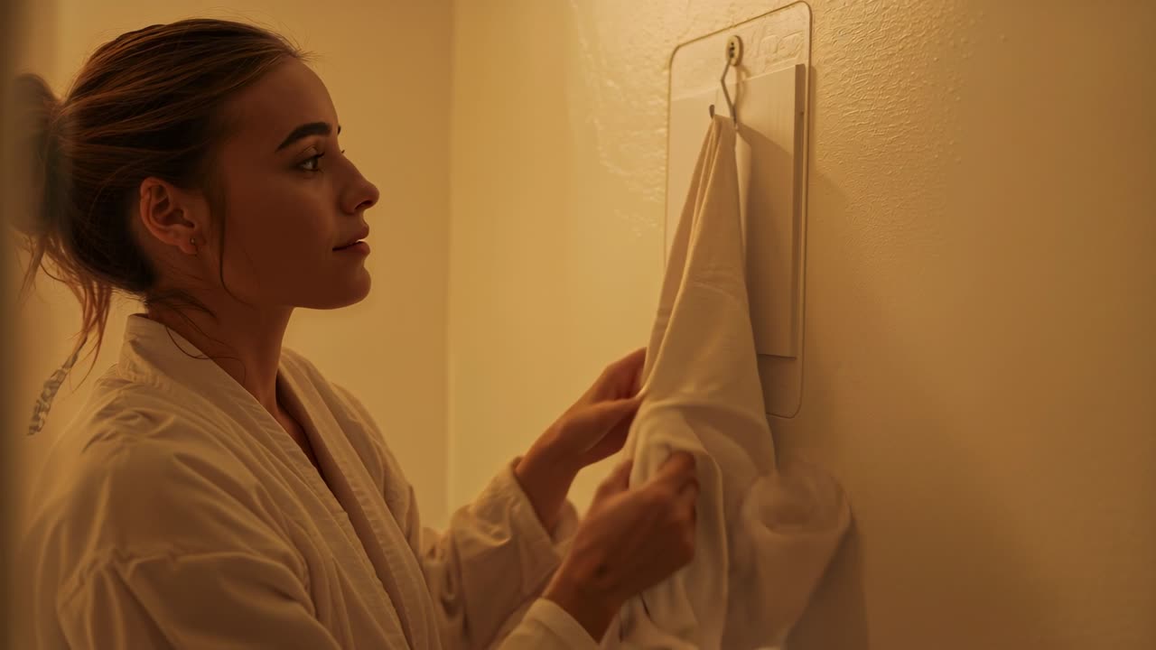 Mulher de roupão branco pegando o roupão, movendo-o para o gancho, ajeitando e prendendo a alça, pendurando-o em banheiro quente