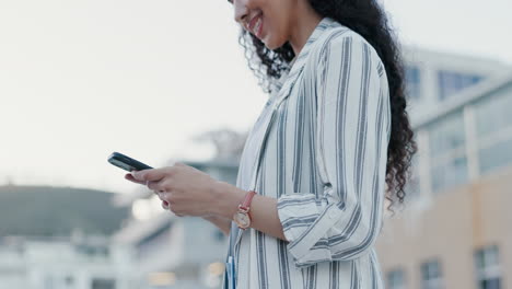 phone, city hands and business woman typing