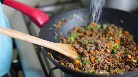 sauteed ground beef with celery and carrots - close up