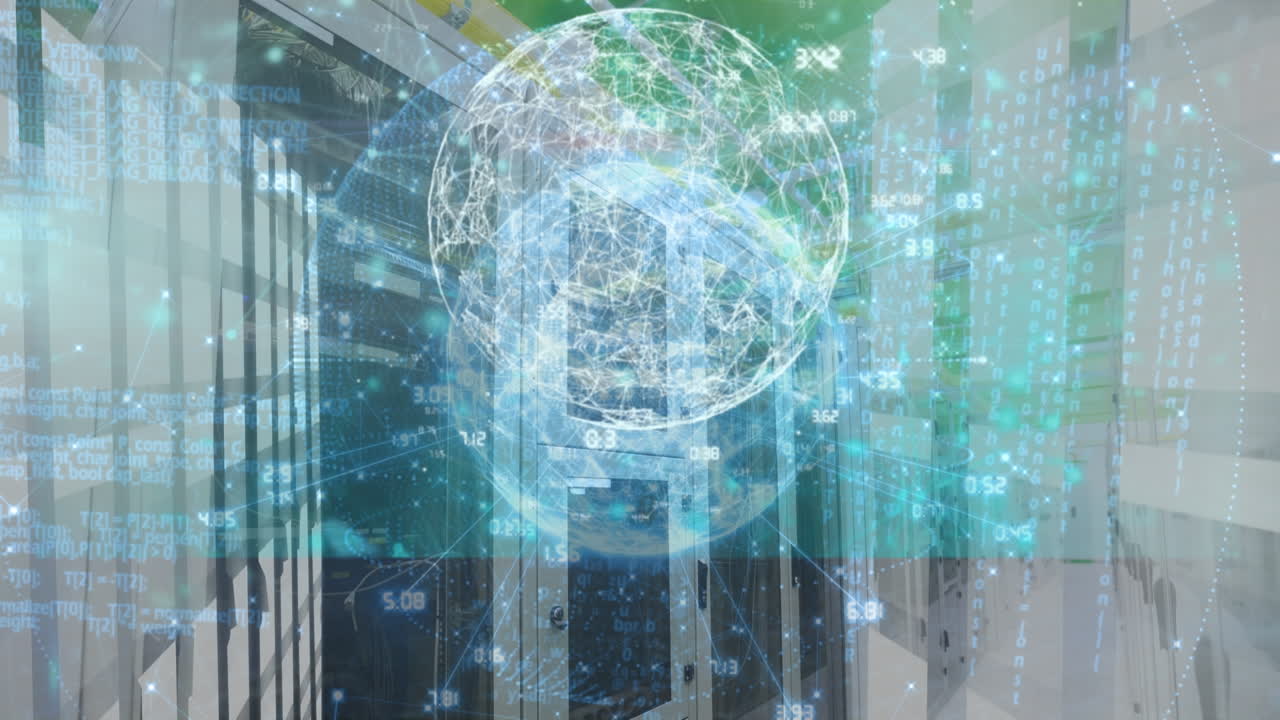 Animation of screens with data processing over spinning globe against computer server room