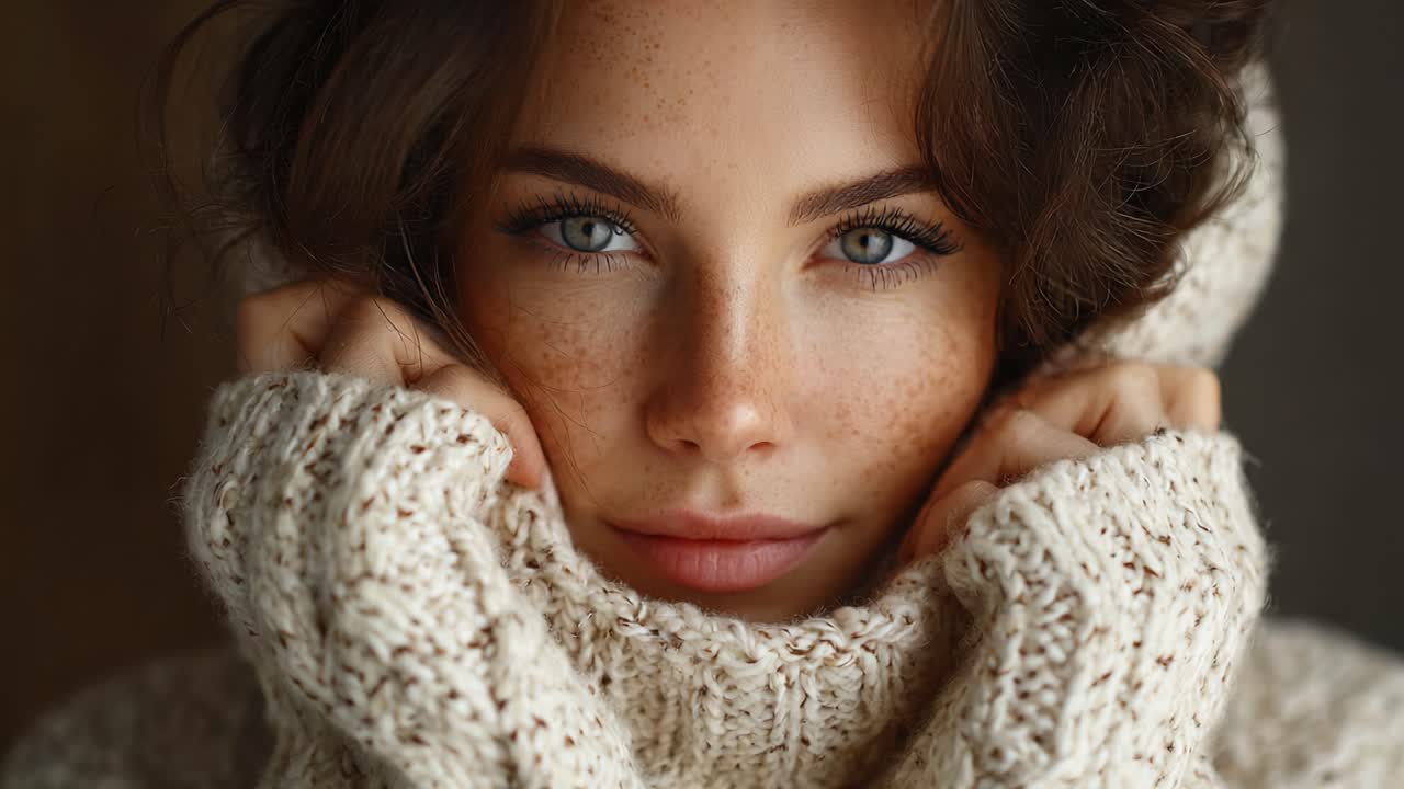 Captivating Close-Up Portrait of a Young Woman Embracing Cozy Warmth, With Freckles and Intense Eyes, Wrapped in a Soft Sweater, Exuding Natural Beauty and Serenity