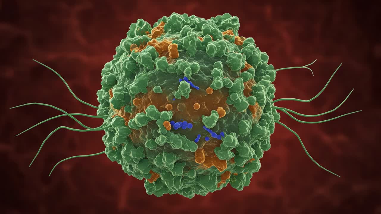 Intricate Visualization of a Lymphocyte: A Cellular Immune Response with Surface Receptors and Organelles in Vivid Detail Against a Dark Background