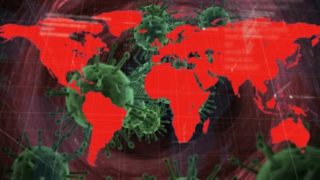 animation of a world map with data processing over macro covid-19 cells in the back.