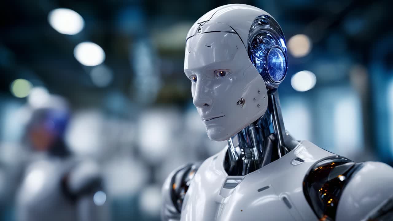 Robot umanoide futuristico con caratteristiche dettagliate e tecnologia avanzata, che mette in mostra elementi di design high-tech e complessi componenti meccanici in un ambiente moderno