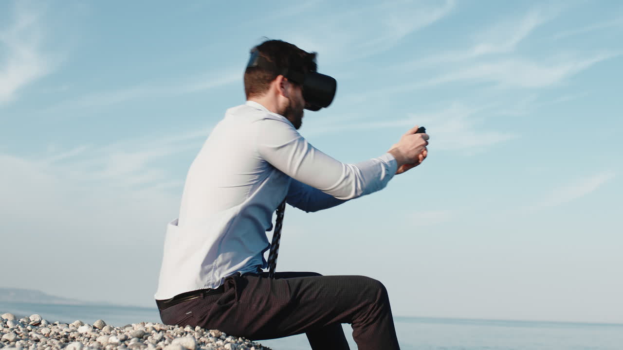 해안에서 가상 현실에서 시하는 남자