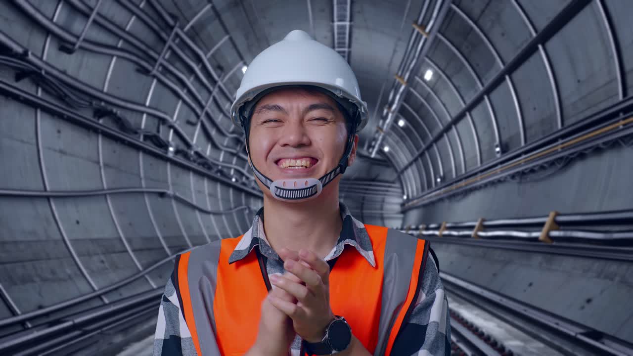 Close Up Of Asian Male Engineer With Safety Helmet Smiling And Clapping His Hands While Standing In Underground Subway Tunnel