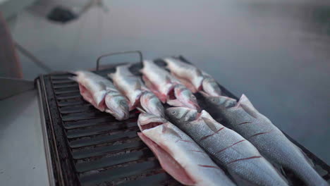 Smoke-rises-from-outdoor-grill-with-small-gutted-fish,-sailing-yacht