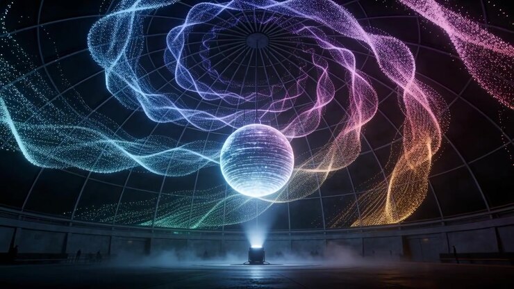 Emitting beam from floor projector forming particle orb inside dome for show, with spiral ribbons
