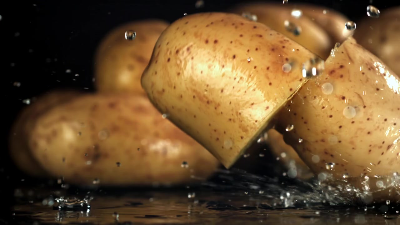 Patata fresca tagliata a metà con acqua che schizza al rallentatore.