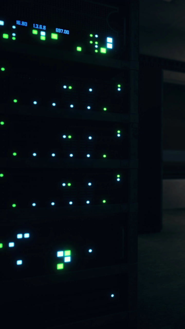 Soft glow of technology accentuates a modern server room in dark ambiance