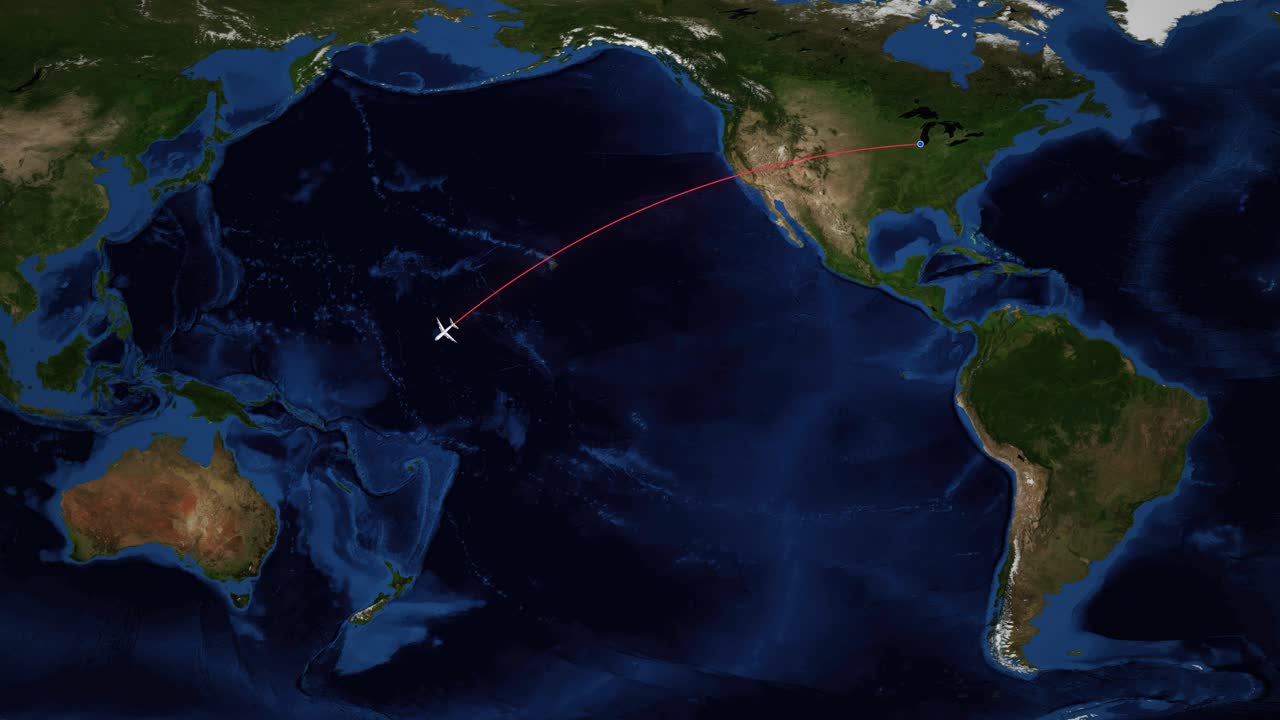Red line traces flight path from Chicago to Melbourne across satellite world map background