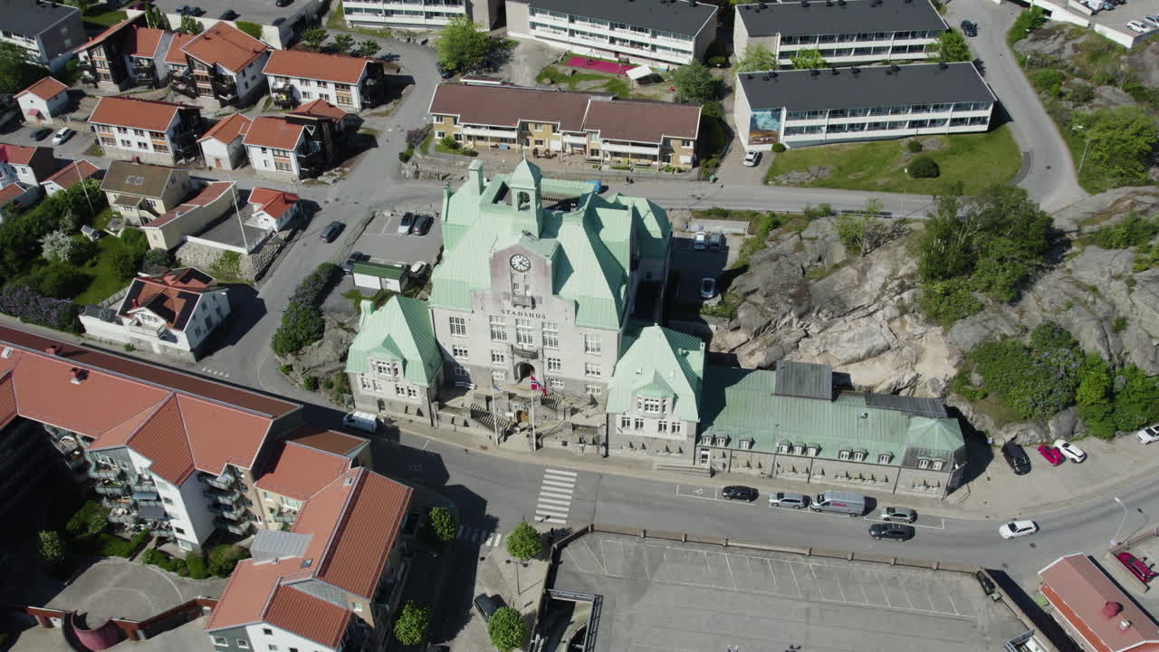 Aerial View of a Town Hall (Stadshus) with Green Roof in a Scandinavian Town