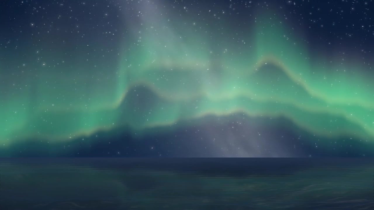 Animerede grønne nordlys-bølger, der glimter over en stjerneklar nattehimmel over roligt, mørkt vand