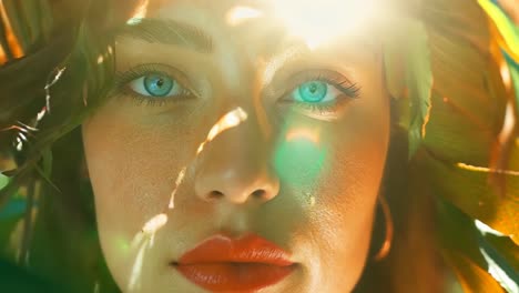 una mujer con ojos azules y lápiz labial rojo frente a un árbol
