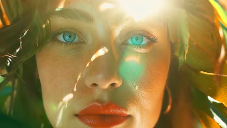 a woman with blue eyes and red lipstick in front of a tree