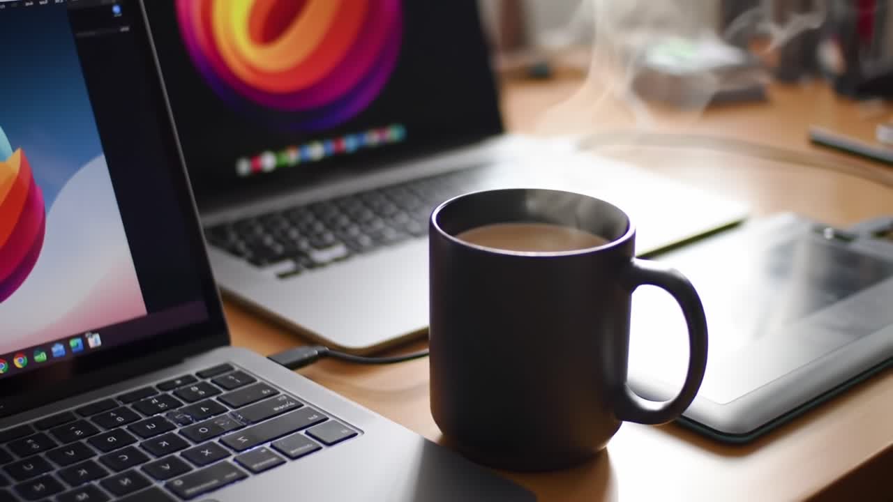 Un ambiente di lavoro accogliente con una tazza di caffè fumante accanto a portatili con schermi vivaci e strumenti creativi per la produttività e l'ispirazione