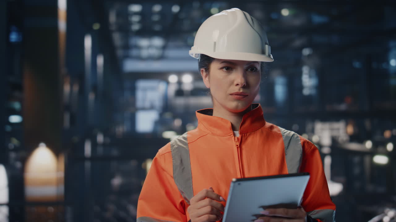 inspector confiado analizando los indicadores de producción de la fábrica en la tableta de cerca