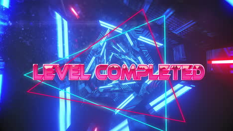 animation of level completed text over neon pattern background