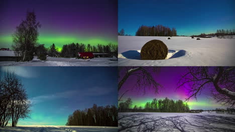 cuatro escenas nocturnas de lapso de tiempo de invierno en una pantalla dividida con estrellas y la aurora boreal