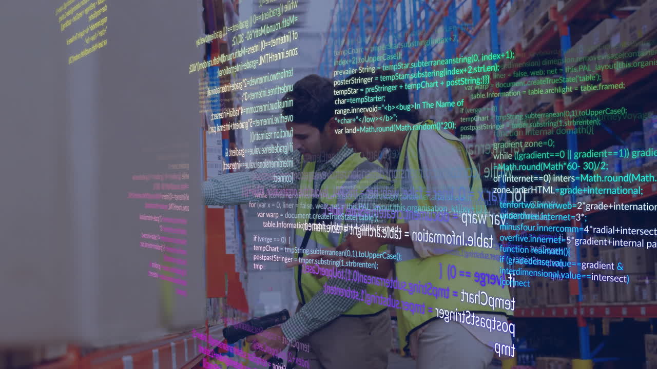 Reviewing plans, construction workers with animation overlay of programming code
