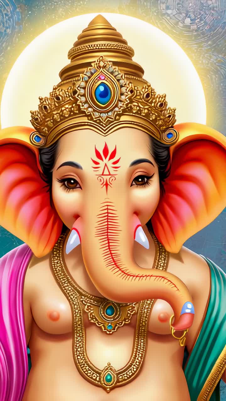 Vertical video: Ganesh holding still pose against glowing cosmic halo, with crown and necklaces