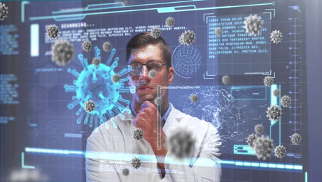 animation of screen with covid 19 cell and medical data processing over male doctor in lab coat