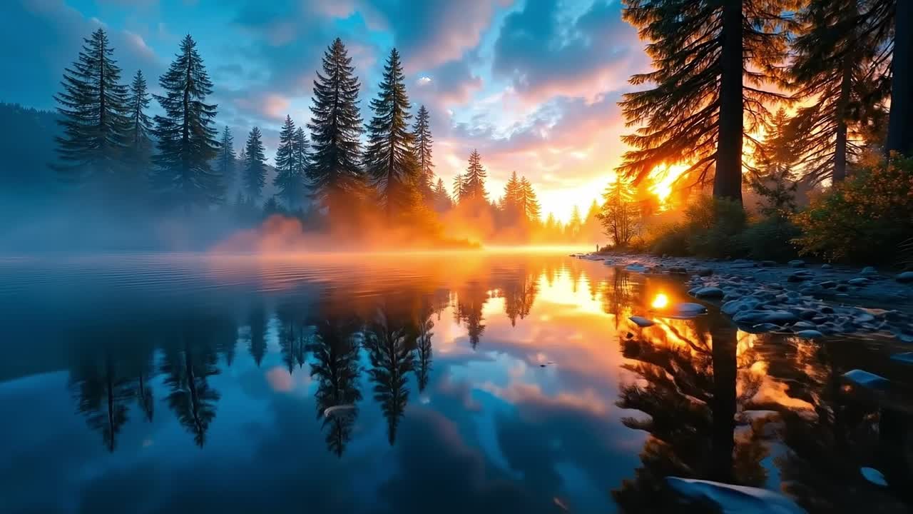 A beautiful sunset over a lake with trees reflected in the water
