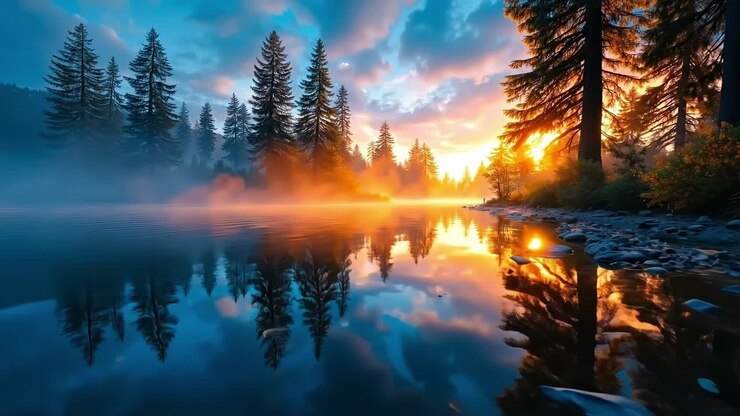 Un bellissimo tramonto su un lago con alberi che si riflettono nell'acqua