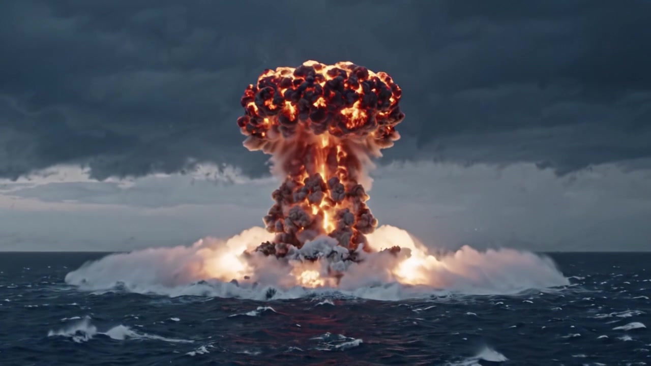Dramatisk scene av en havbasert eksplosjon fanget i en kraftfull videorammesekvens, som viser en imponerende soppsky som stiger opp midt i mørke, stormfulle himler.
