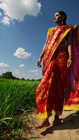 indian woman in a saree in a rice paddy field