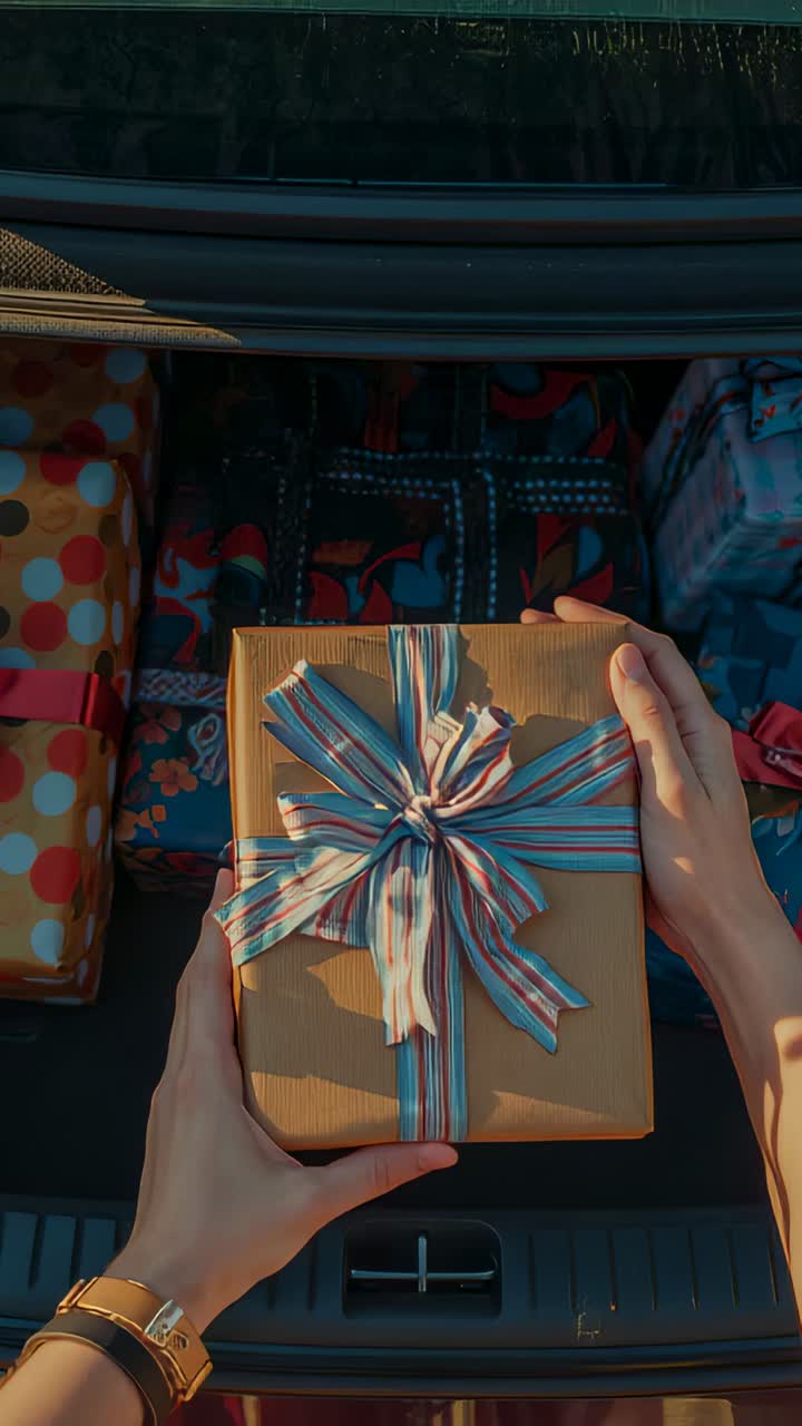 Vertical video: Hands reaching adjusting striped bow box in trunk for party, with watch and gifts