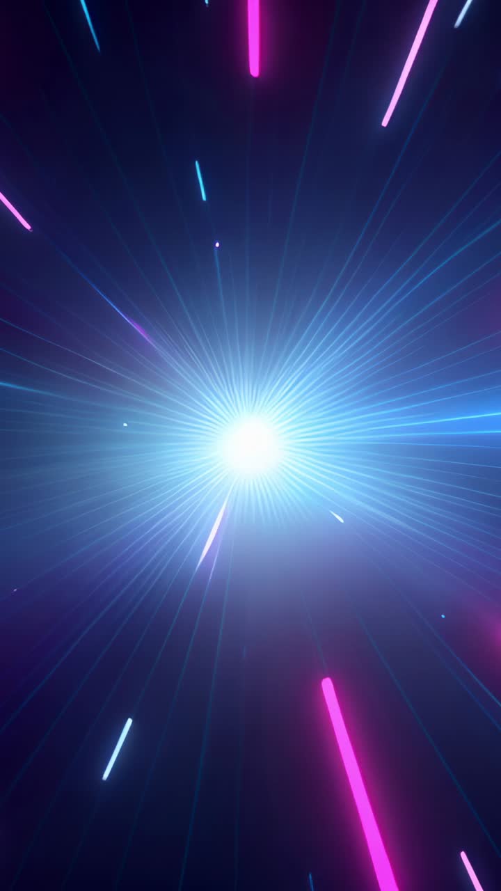 Vertical video: Emerging blue orb emitting pink cyan green streaks racing through digital void