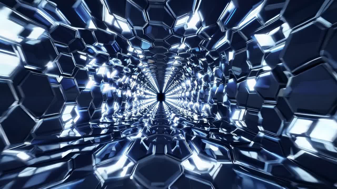 Futuristic tunnel with reflective hexagonal patterns, showcasing a seamless flow of light and motion, creating an immersive visual experience of depth and perspective