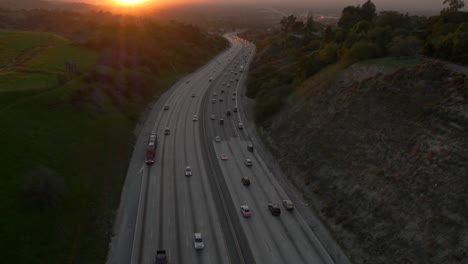 aerial view of highway traffic at dusk