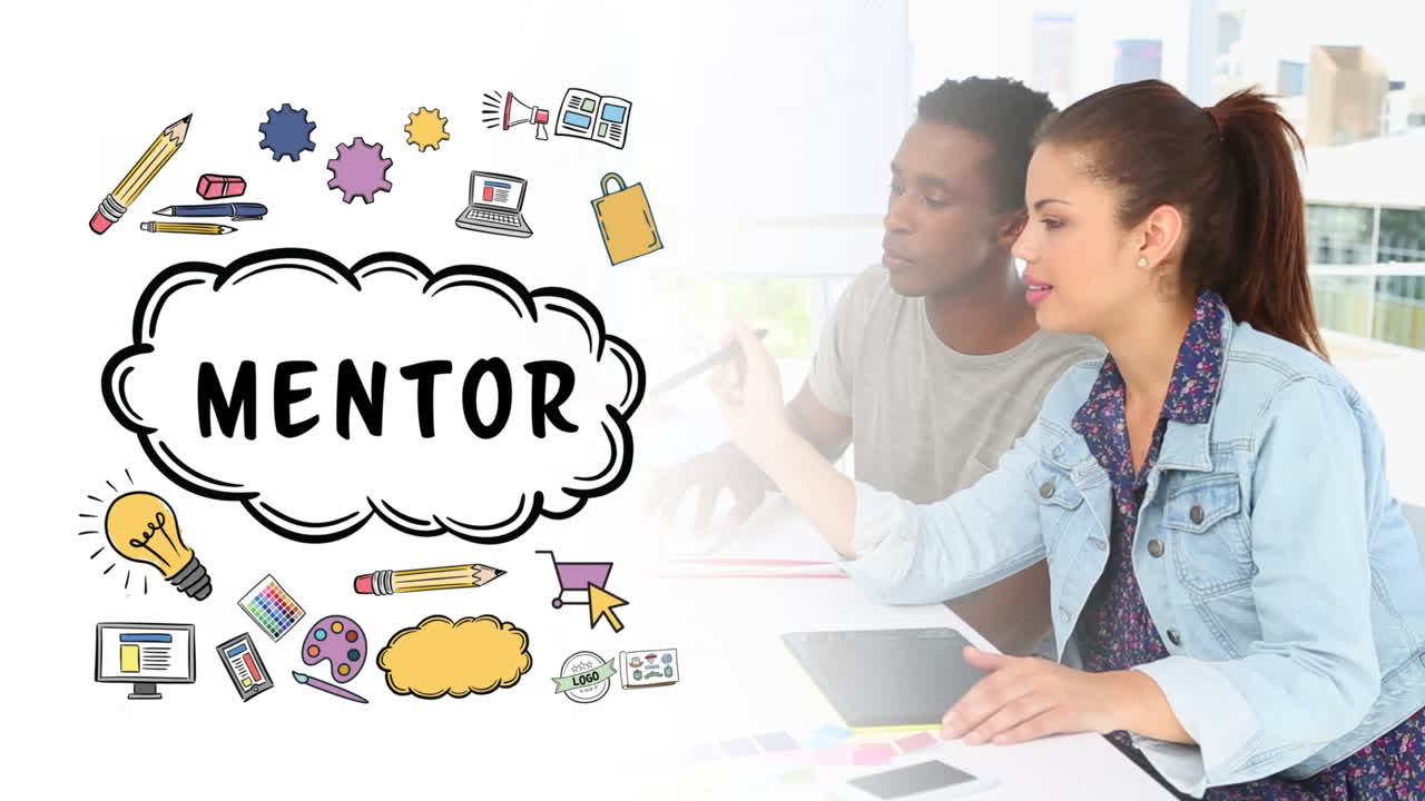 animación del texto del mentor sobre diversas personas de negocios discutiendo
