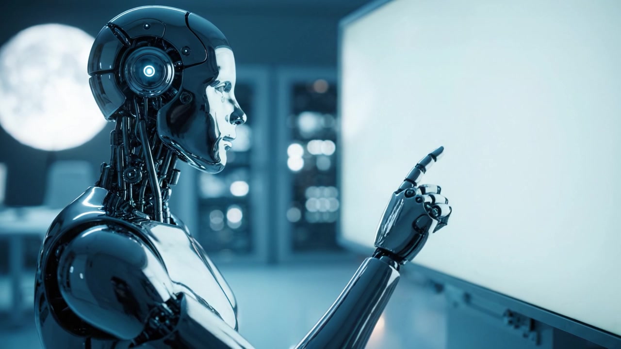 A Futuristic Robot Interacting with a Screen, Showcasing Advanced Technology and Synthetic Intelligence in a Modern Environment