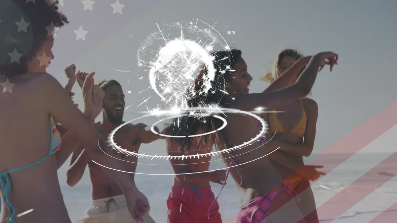 Animação da bandeira dos EUA e escaneamento de mira com globo sobre amigos diversos na praia