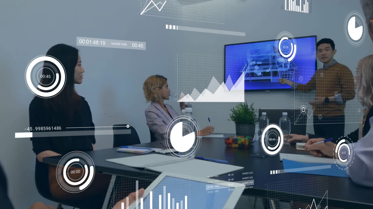animación del procesamiento de datos sobre diversas personas de negocios en la oficina