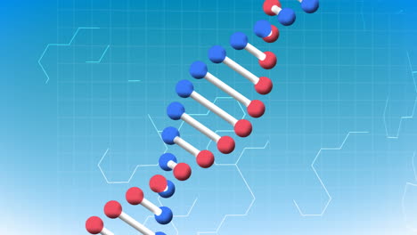 animación digital de la estructura del adn girando contra formas hexagonales sobre fondo azul
