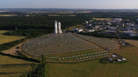 solar mirrors, soalr park julich, experimental renewable energy. aerial drone video.