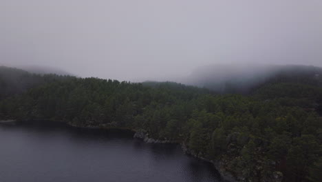 Bosque-Cubierto-De-Niebla-Espesa-Con-Lago-Tranquilo-Desde-Arriba