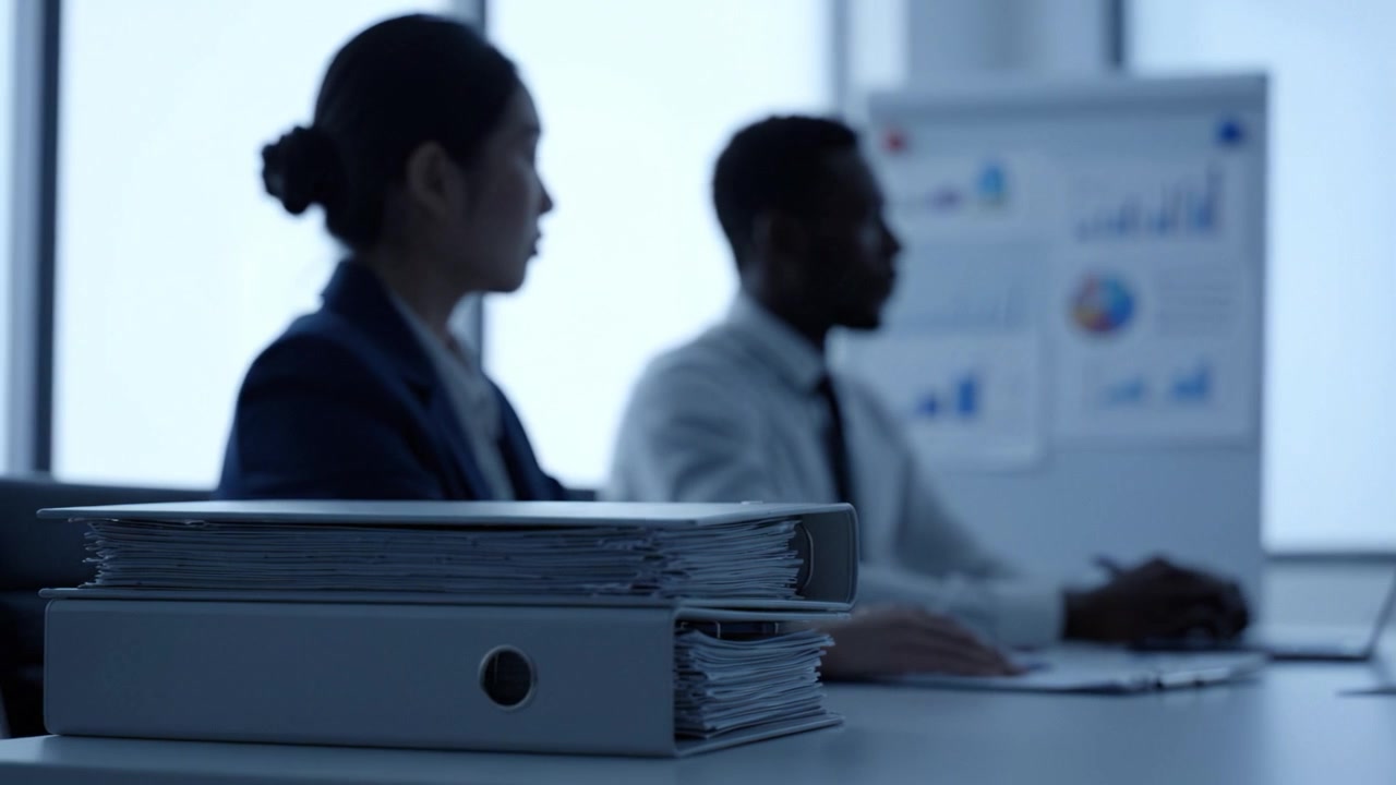 In a professional meeting setting, two individuals are focused on a presentation, with documents and charts symbolizing key business discussions and decisions.